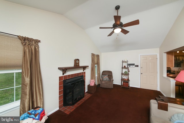 35 Alberts Way, Langhorne, PA 19047 - living area with vaulted ceiling, a tile fireplace, ceiling fan, carpet flooring, and baseboards
