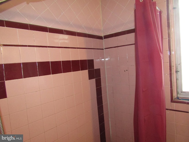 bathroom view of curtained shower
