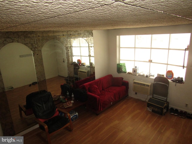 living room featuring wood finished floors, a wall mounted air conditioner, and arched walkways