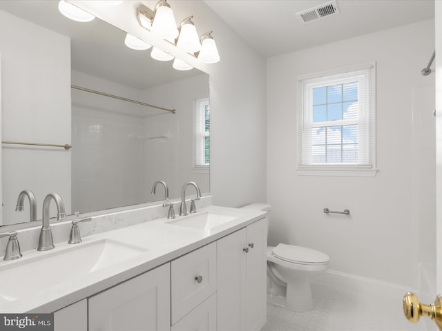 9365 River Crest Rd, Manassas, VA 20110 - bathroom featuring a shower, toilet, double vanity, a chandelier, and tile patterned floors