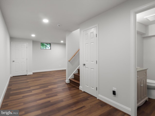 9365 River Crest Rd, Manassas, VA 20110 - basement featuring recessed lighting, dark wood-type flooring, baseboards, and stairs