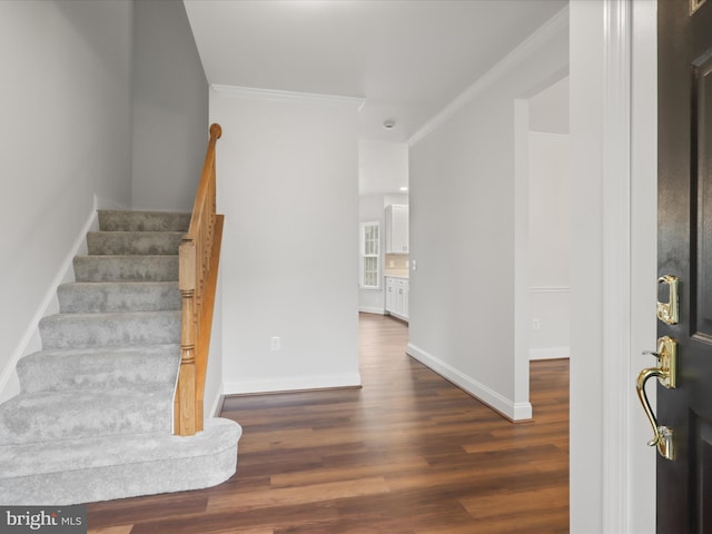 9365 River Crest Rd, Manassas, VA 20110 - entryway with crown molding, wood finished floors, stairs, and baseboards