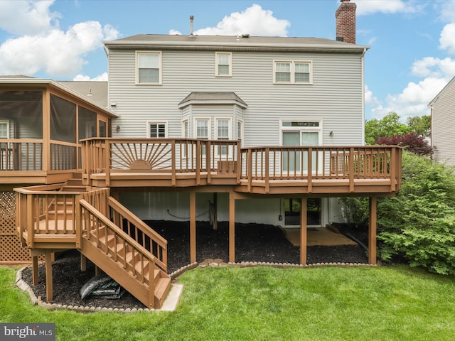 9365 River Crest Rd, Manassas, VA 20110 - back of property with a sunroom, a deck, a chimney, stairs, and a yard