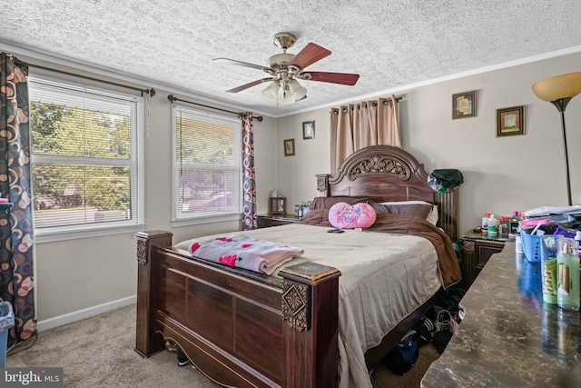 9505 Oakridge Ct, Newburg, MD 20664 - carpeted bedroom featuring ornamental molding, baseboards, a textured ceiling, and ceiling fan