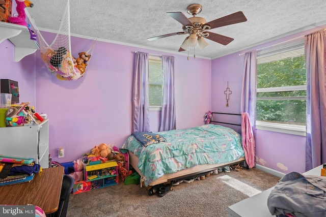 9505 Oakridge Ct, Newburg, MD 20664 - carpeted bedroom featuring multiple windows, a textured ceiling, a ceiling fan, and crown molding