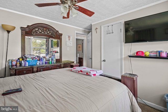 9505 Oakridge Ct, Newburg, MD 20664 - bedroom with a textured ceiling, crown molding, carpet, and a ceiling fan