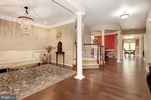 23166 Glenorchy Ct, Ashburn, VA 20148 - corridor with ornate columns, a chandelier, wood finished floors, ornamental molding, and recessed lighting