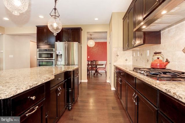 23166 Glenorchy Ct, Ashburn, VA 20148 - kitchen featuring exhaust hood, appliances with stainless steel finishes, dark wood-type flooring, light stone counters, and recessed lighting