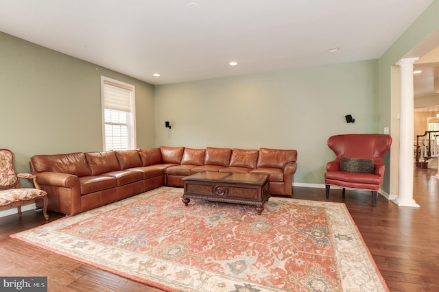 23166 Glenorchy Ct, Ashburn, VA 20148 - living area with decorative columns, wood finished floors, recessed lighting, and baseboards