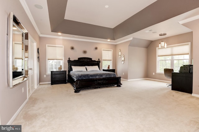 23166 Glenorchy Ct, Ashburn, VA 20148 - bedroom with light colored carpet, baseboards, crown molding, and recessed lighting