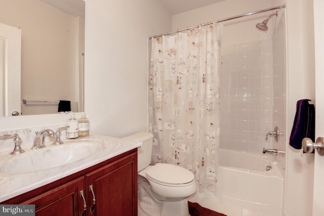 23166 Glenorchy Ct, Ashburn, VA 20148 - bathroom with toilet, vanity, and shower / tub combo with curtain