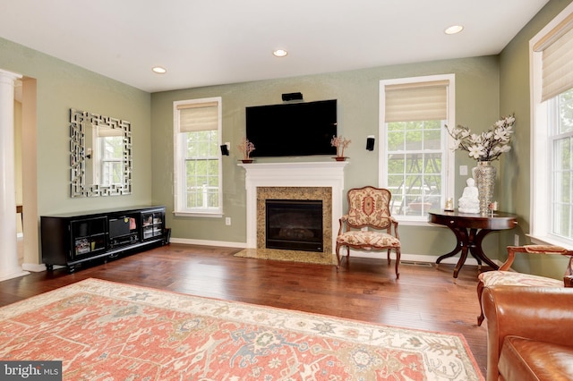 23166 Glenorchy Ct, Ashburn, VA 20148 - living room with plenty of natural light, a premium fireplace, wood finished floors, and recessed lighting