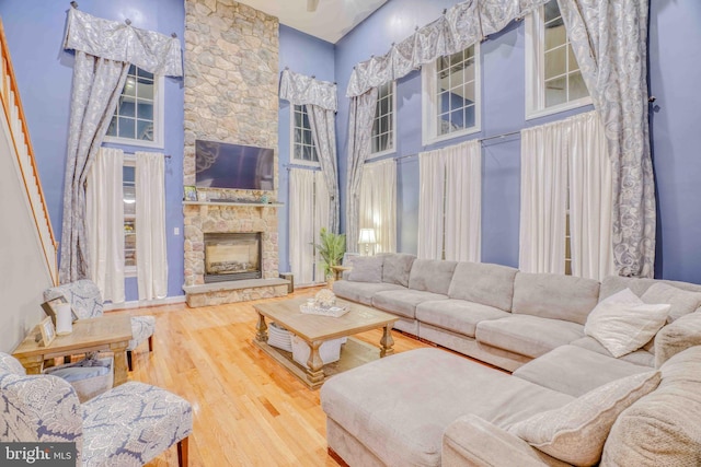 living area featuring wood finished floors and a fireplace