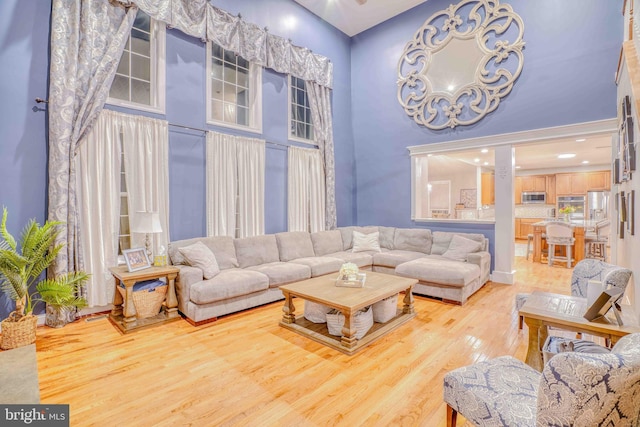 living room featuring wood finished floors and a high ceiling