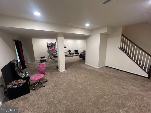 23 Cardinal Ln, Sicklerville, NJ 08081 - finished below grade area with carpet flooring, stairway, recessed lighting, and baseboards