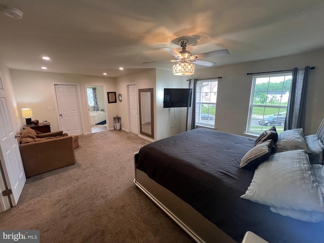 23 Cardinal Ln, Sicklerville, NJ 08081 - bedroom with carpet floors, recessed lighting, connected bathroom, and a ceiling fan