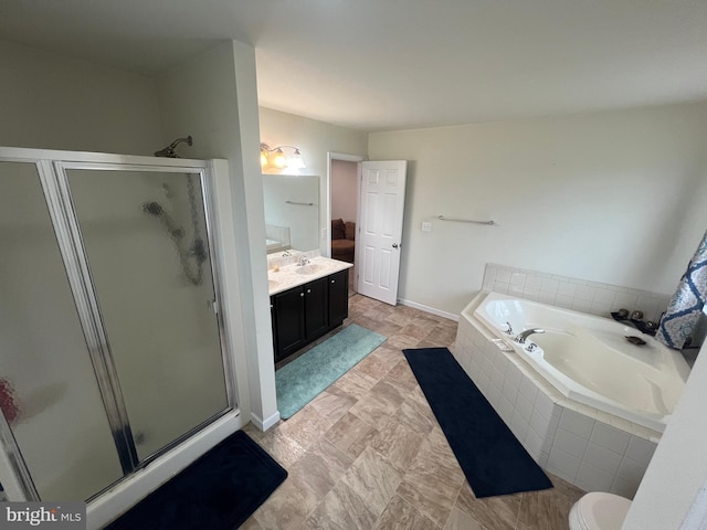 23 Cardinal Ln, Sicklerville, NJ 08081 - full bathroom with a shower stall, a bath, vanity, and baseboards