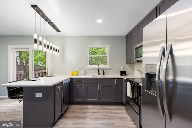 kitchen with appliances with stainless steel finishes, a sink, a peninsula, light wood-style floors, and a kitchen bar