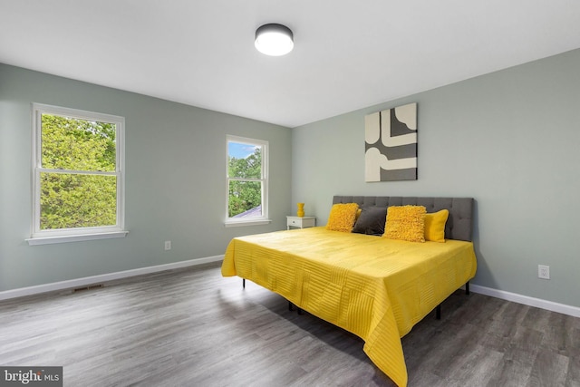 bedroom featuring multiple windows, wood finished floors, and baseboards