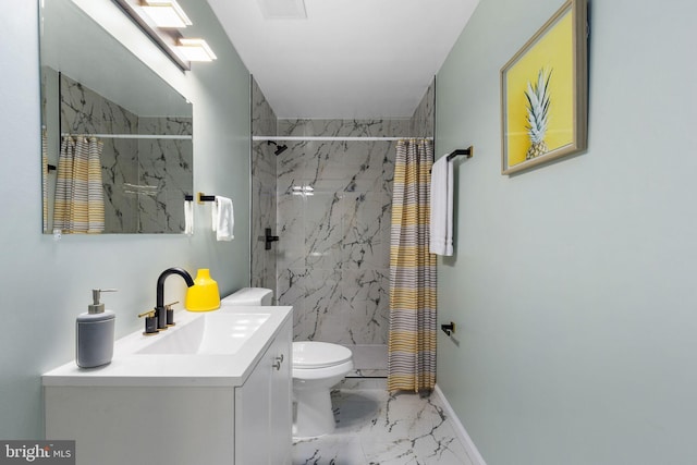 full bathroom with marble finish flooring, a marble finish shower, toilet, vanity, and baseboards