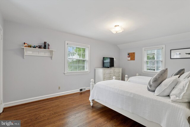bedroom featuring multiple windows, wood finished floors, and baseboards