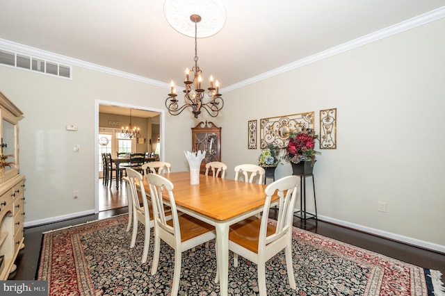 1280 Saint Michaels Rd, Mount Airy, MD 21771 - dining room with a chandelier, ornamental molding, dark wood finished floors, and baseboards