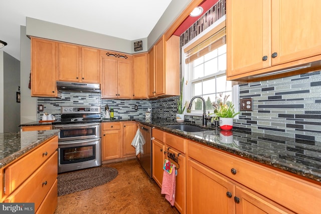 1280 Saint Michaels Rd, Mount Airy, MD 21771 - kitchen with appliances with stainless steel finishes, a sink, under cabinet range hood, and decorative backsplash