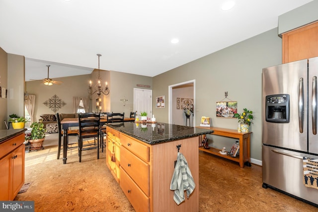 1280 Saint Michaels Rd, Mount Airy, MD 21771 - kitchen with stainless steel fridge, ceiling fan, a center island, recessed lighting, and dark stone countertops