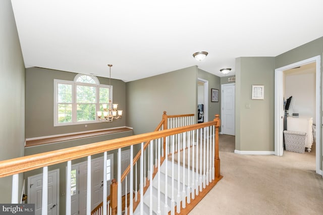 1280 Saint Michaels Rd, Mount Airy, MD 21771 - hall featuring an upstairs landing, a chandelier, carpet floors, and baseboards