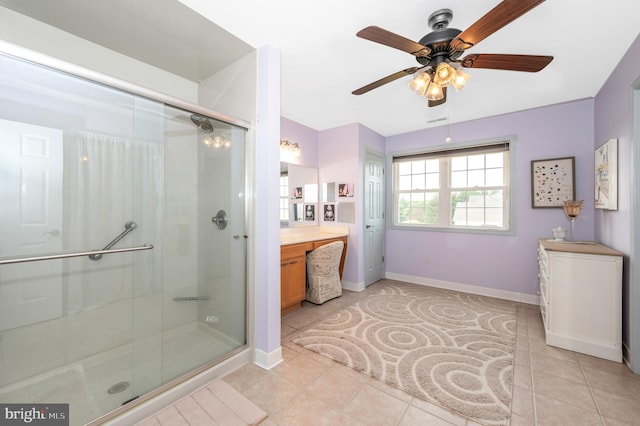 1280 Saint Michaels Rd, Mount Airy, MD 21771 - bathroom with vanity, a shower stall, a ceiling fan, and baseboards