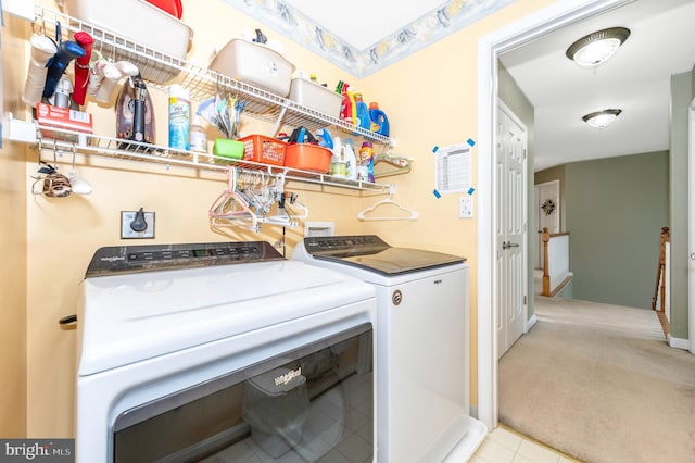 1280 Saint Michaels Rd, Mount Airy, MD 21771 - laundry area with washing machine and dryer, light carpet, and light tile patterned floors
