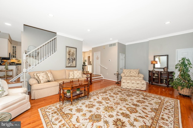 1280 Saint Michaels Rd, Mount Airy, MD 21771 - living room with stairs, ornamental molding, wood finished floors, recessed lighting, and baseboards