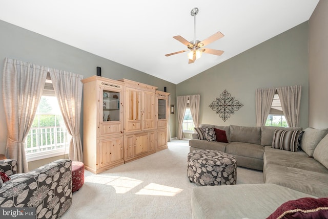 1280 Saint Michaels Rd, Mount Airy, MD 21771 - living area featuring light colored carpet, a ceiling fan, and high vaulted ceiling