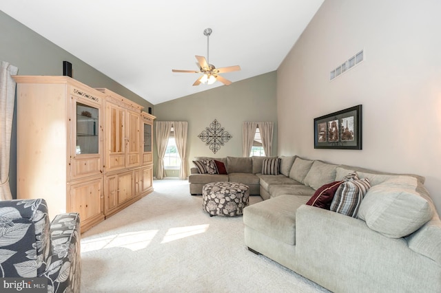 1280 Saint Michaels Rd, Mount Airy, MD 21771 - living area with lofted ceiling, a ceiling fan, and light carpet