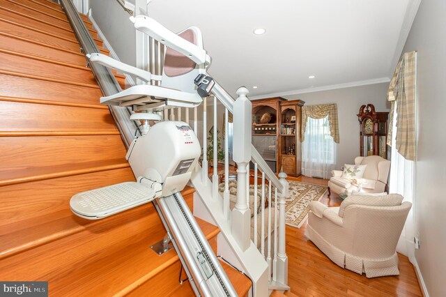 1280 Saint Michaels Rd, Mount Airy, MD 21771 - staircase with wood finished floors, ornamental molding, and recessed lighting
