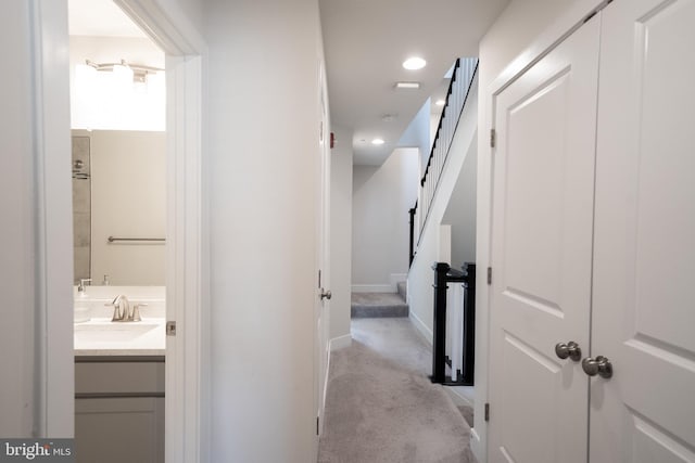 194 Green Poplar Loop, Clarksburg, MD 20871 - hallway with a sink, carpet flooring, baseboards, and recessed lighting