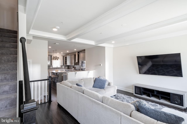 194 Green Poplar Loop, Clarksburg, MD 20871 - living room featuring dark wood finished floors, ornamental molding, beamed ceiling, stairs, and recessed lighting