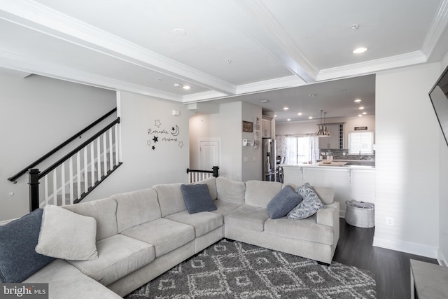 194 Green Poplar Loop, Clarksburg, MD 20871 - living area featuring ornamental molding, wood finished floors, recessed lighting, stairs, and beamed ceiling
