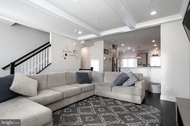 194 Green Poplar Loop, Clarksburg, MD 20871 - living room featuring crown molding, wood finished floors, recessed lighting, beamed ceiling, and stairway