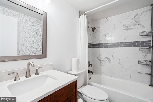 bathroom featuring vanity, shower / bath combination with curtain, and toilet