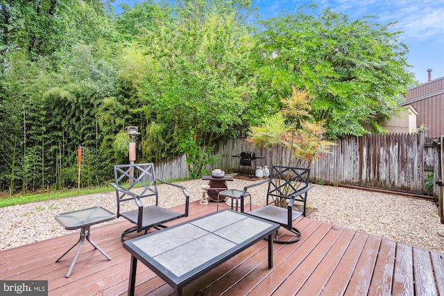 wooden deck featuring a fenced backyard