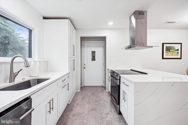kitchen featuring black range with electric stovetop, ventilation hood, dishwasher, a sink, and white cabinets