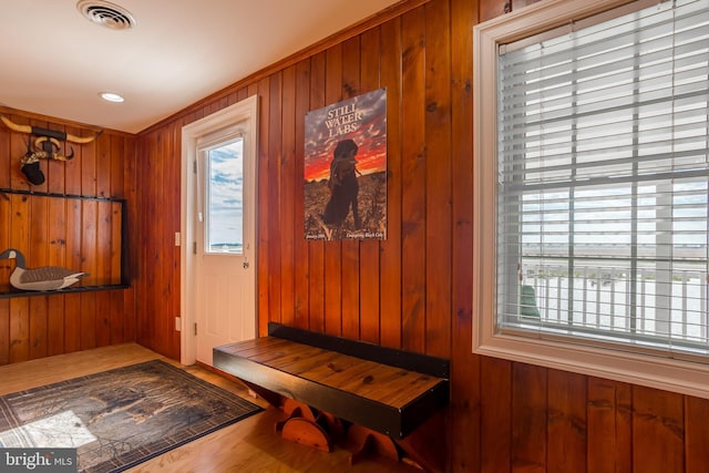 3706 Bestpitch Ferry Rd, Cambridge, MD 21613 - mudroom featuring wooden walls, a chandelier, and wood finished floors