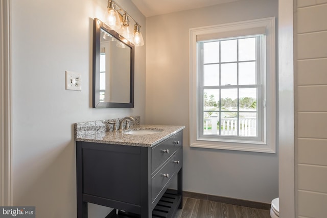 3706 Bestpitch Ferry Rd, Cambridge, MD 21613 - half bathroom featuring vanity, toilet, baseboards, and wood finished floors