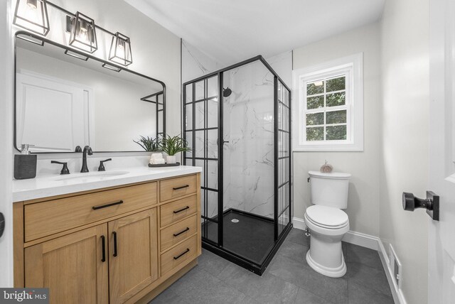 20 Hathaway Dr, Princeton Junction, NJ 08550 - bathroom featuring a marble finish shower, toilet, vanity, and baseboards