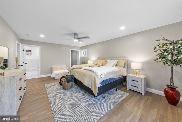 20 Hathaway Dr, Princeton Junction, NJ 08550 - bedroom featuring baseboards, light wood finished floors, recessed lighting, ceiling fan, and connected bathroom