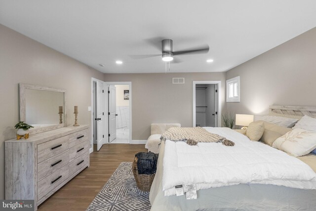 20 Hathaway Dr, Princeton Junction, NJ 08550 - bedroom with wood finished floors, connected bathroom, recessed lighting, baseboards, and a ceiling fan