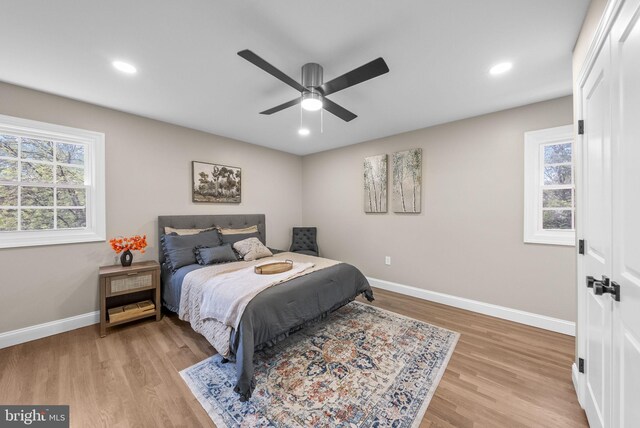 20 Hathaway Dr, Princeton Junction, NJ 08550 - bedroom with baseboards, light wood-style floors, recessed lighting, and ceiling fan