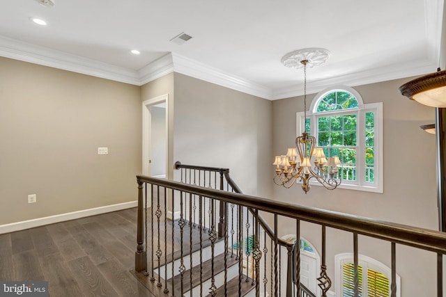 12723 Lady Somerset Ln, Fairfax, VA 22033 - hall with a chandelier, dark wood finished floors, recessed lighting, ornamental molding, and baseboards