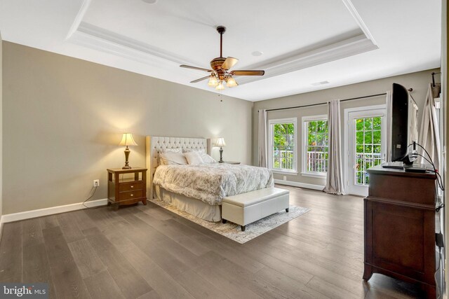 12723 Lady Somerset Ln, Fairfax, VA 22033 - bedroom featuring a raised ceiling, dark wood finished floors, baseboards, and access to exterior